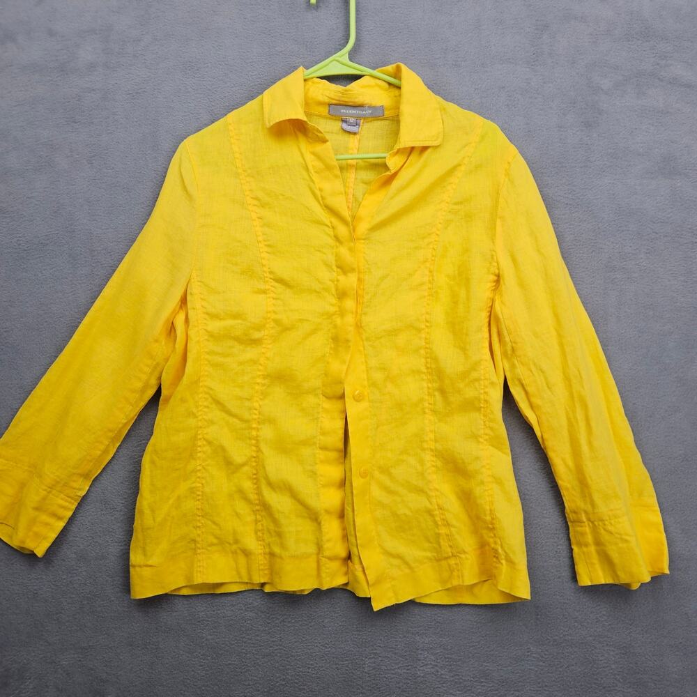 Ellen Tracy Coastal Linen Button Front Shirt Yellow 3/4 Sleeve Size 12